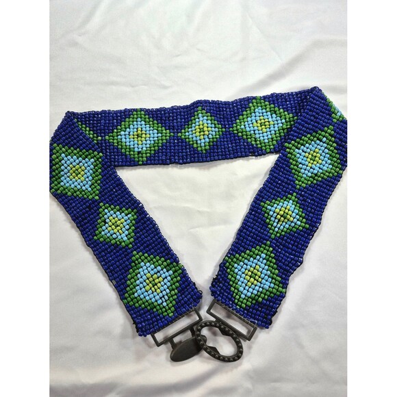 Vintage Southwestern Geometric Beaded Stretch Belt - Blue & Green Diamond Patter main image 4